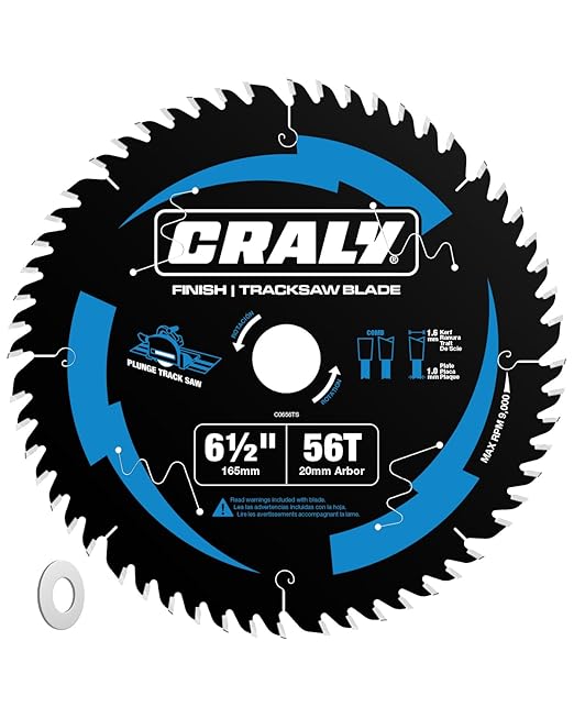 CRALY 6-1/2 Inch 56 Teeth Track Saw Blade, Ultra Finish Wood Cutting Plunge Circular Saw Blade, 5/8 Inch Arbor, Carbide Tipped, Thin Kerf, Black Ice Coating, for Plywood, MDF, OSB, Laminated(C0656TS)