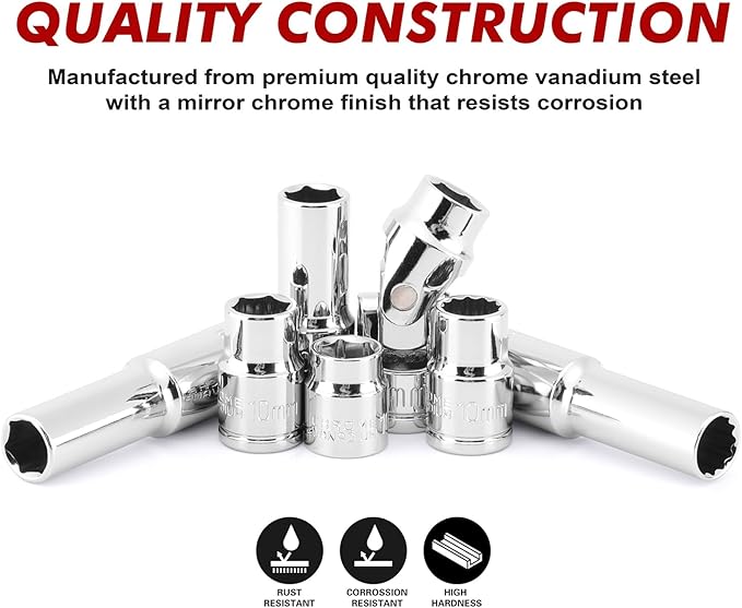 CASOMAN 104 PCS 3/8" Drive Master Impact Socket and Flex Socket Set, Include Deep, Mid-Length, Shallow & Stubby Socket, 6-Point & 12-Point, Metric, CR-V