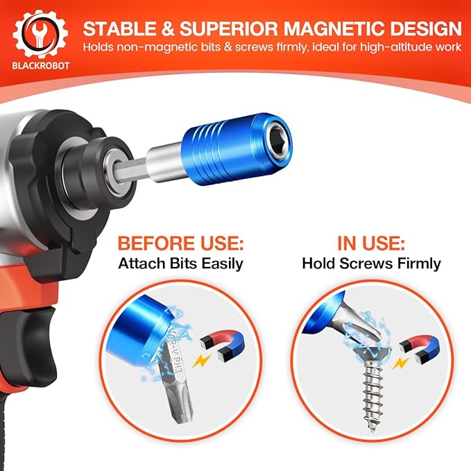 BLACKROBOT 4-Piece Magnetic Quick Change Impact Bit Holder, 2.5-Inch Drill Bit Extension for 1/4" Hex Drives, Ideal for Screwdriver Bits, Nuts, Drills and Socket Driver Adapters