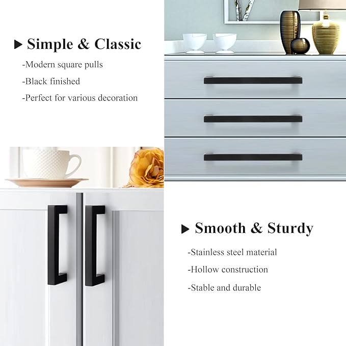 Probrico 30 Pack 6-3/10" Hole Centers Cabinet Pulls Black Drawer Handles - Kitchen Cabinet Handles Modern Suqare Bar Pulls Stainless Steel Cabinet Hardware for Dresser Bathroom Bedroom
