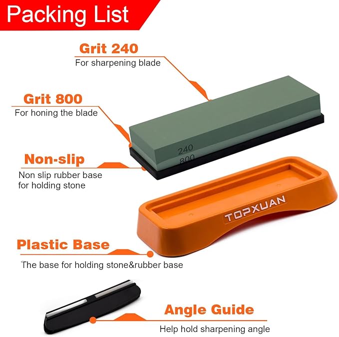 Knife Sharpening Stone 2 Sided 240/800 Grit Sharpener Waterstone,Professional Kitchen Whetstone with Orange Plastic Base,Non-slip Rubber and Angle Guide