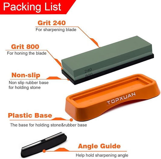 Knife Sharpening Stone 2 Sided 240/800 Grit Sharpener Waterstone,Professional Kitchen Whetstone with Orange Plastic Base,Non-slip Rubber and Angle Guide