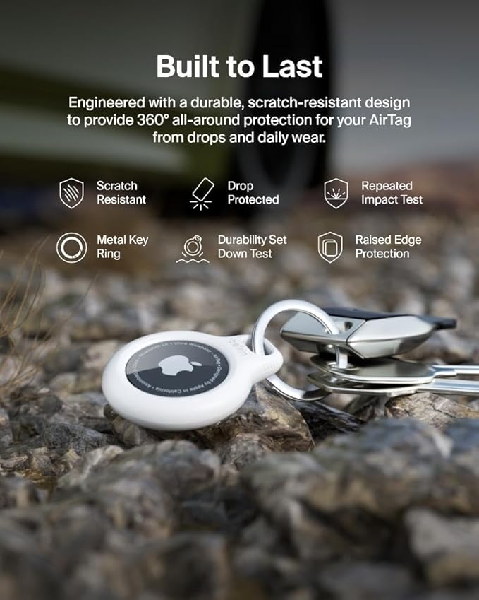 Belkin Apple AirTag Secure Holder with Key Ring - Durable Scratch Resistant Case With Open Face & Raised Edges - Protective AirTag Keychain Accessory For Keys, Pets, Luggage, Backpacks & More - White