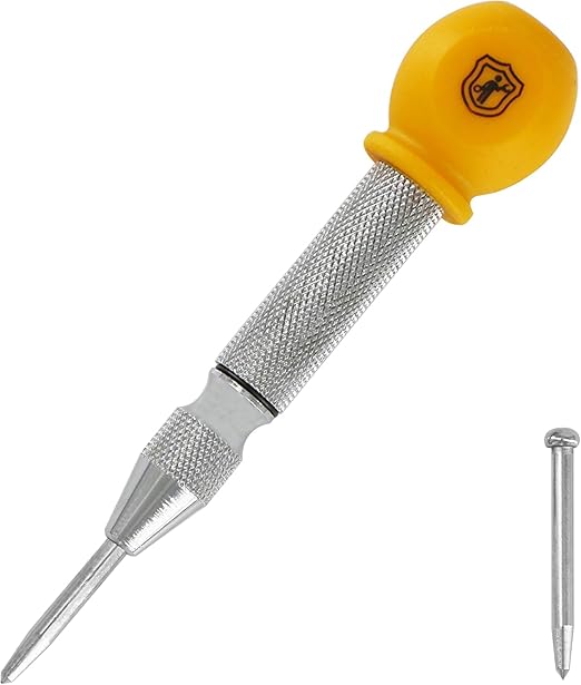 MulWark 5" Spring-Loaded Automatic Steel Center Hole Punch Marker Scriber for Wood, Metal, Plastic, Car Window Puncher Breaker Tool-with Palm Cushion Cap, Adjustable Impact-A Replacement Tip Included