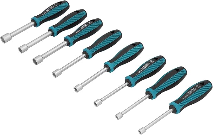 8Pcs Hex Nut Driver Set, 7mm-14mm Chrome Vanadium Alloy Steel Deep Hole Socket Wrench Screwdriver with Non-Slip Handle Screw Fastening Tool, with PE Bag Packaging