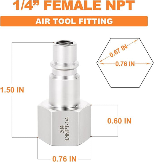 GASHER 10PCS 304 Stainless Steel 1/4-Inch NPT Female Industrial Air Tool Fitting, 1/4-Inch High Flow Pneumatic Plugs