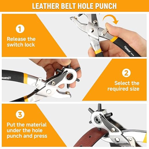 Hoteche 3-in-1 Leather Belt Hole Punch + Eyelet Plier + Snap Button Grommet Setter Tool Kit for Fabric, Shoes,Leather, Clothes, Belt