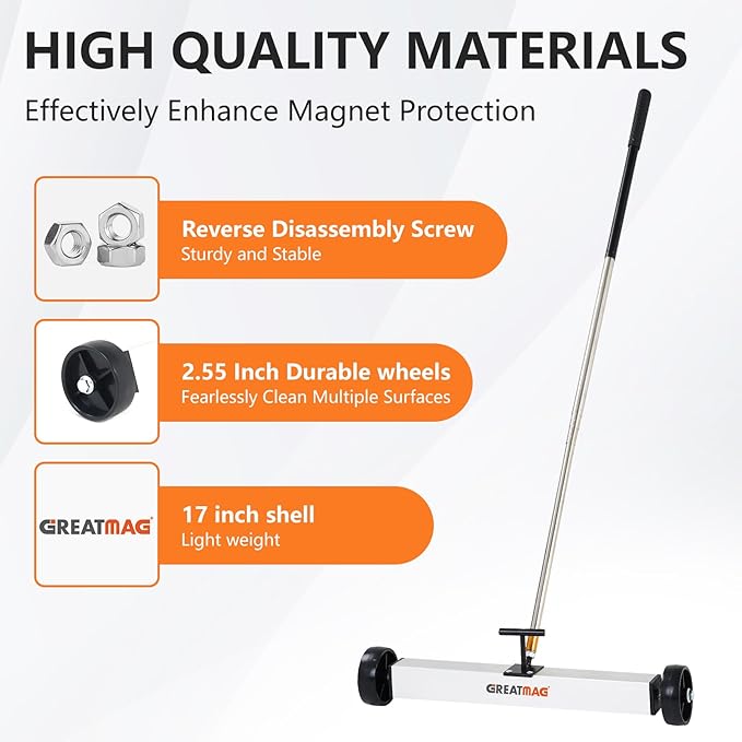 Rolling Magnetic Sweeper Magnetic Pickup Tool Magnetic Sweeper with Wheels Nail Magnet Sweeper 17 inch Heavy-duty Magnetic Lawn Yard Sweeper, Capacity with Quick & Release