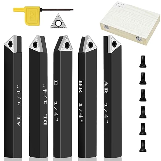 1/4" Indexable Carbide Turning Inserts Holder Set for Machining Lathes, 5 Pcs Set Metal Lathe Tools Inserts Bits with Carbide Inserts TCMT090204.
