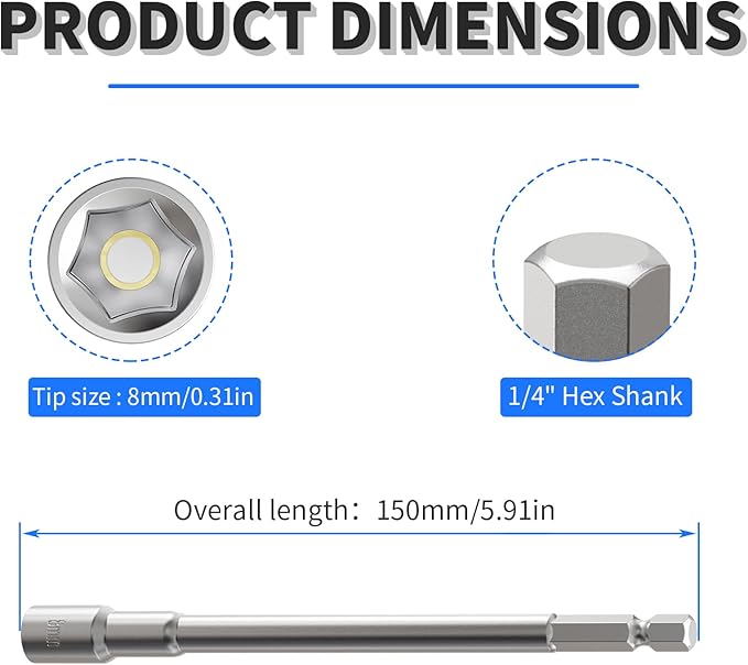 FOCKEAMS 3Pcs 8mm/0.31in Magnetic Nut Setter Driver Drill Bit,Quick-Change,Impact Nut Driver Kit for Electric Drill,1/4" Hex Shank Drill Socket,150 mm Length Cr-V Adapter Drill Bits,Metric&SAE