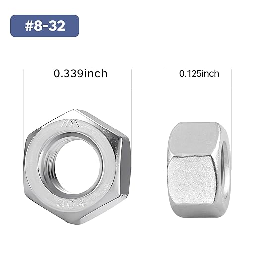 100 Pack #8-32 Hex Nuts, Stainless Steel 304 (18-8) Hex Nut, #8 Nut Standard Inch Coarse Thread Hex Machine Screw Nuts