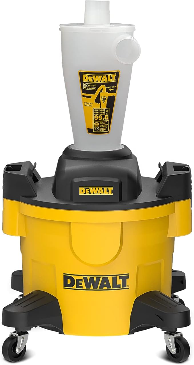 DEWALT Dust Separator with 6 Gallon Poly Tank, 99.5% Efficiency Cyclone Dust Collector, High-Performance Cycle Powder Collector Filter, DXVCS002, Yellow