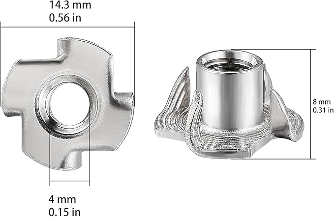 100pcs M4x8 T-nut 304 Stainless Steel Four-jaw - for Home, Hotel Outdoor Threaded Insertion