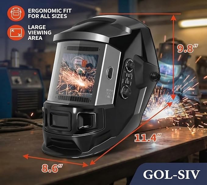 Auto Darkening Welding Helmet4"×4"-Optical grade 1/1/1/2-True Color-Solar&Battery Power-4 Sensor,0.1ms Response Time-Wide Shade DIN5~9/9～13 for SMAW,TIG,MIG,GTAW,Grinding-Lightweight wear