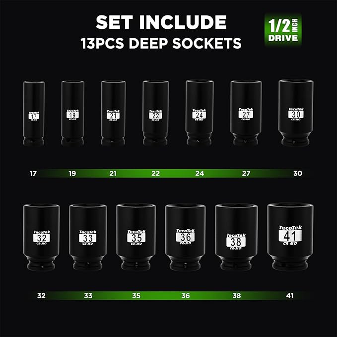 1/2" Drive Deep 6-Point Impact Socket Set, 13-Piece Spindle Axle Nut Impact Socket Set, Cr-Mo, Metric (17mm to 41mm), Enhanced Storage Case