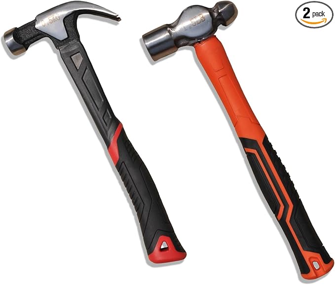 2-pack Hammer Set, TPR Ball Peen Hammer 32OZ, TPR Curved Claw Hammer 26OZ