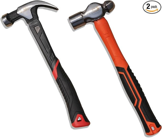 2-pack Hammer Set, TPR Ball Peen Hammer 32OZ, TPR Curved Claw Hammer 26OZ