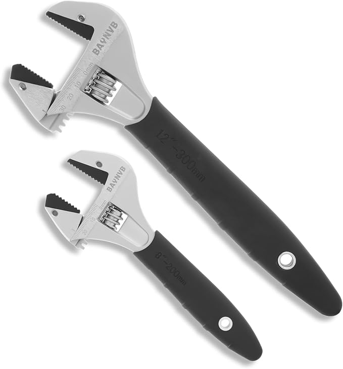 BAUNVB 2 Pack Adjustable Wrench Set, 8-inch and 12-inch Wrench with Serrated Self-tightening Jaw, 25mm and 43mm Wide Jaw Opening Wrench for Plumbing, Automotive, Industrial