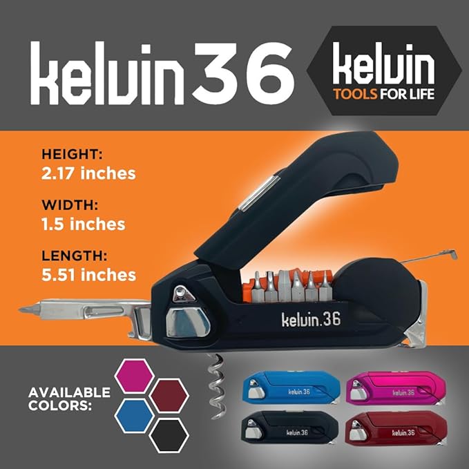 Kelvin Tools - Kelvin 36 Urban Multi Tool Screwdriver Set - All in One Hand Tool With 26 Interchangeable Bits, Tape Measure, Liquid Level, Hammer, Flashlight, Corkscrew and Magnetic Tip