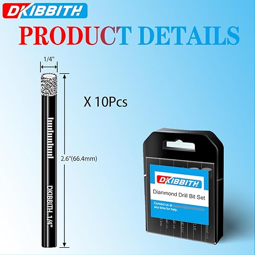 10 pcs 1/4" Diamond Drill Bits for Tile, Porcelain, Ceramic, Granite, Marble, Stone, Glass, Dry Drilling Tile Drill Btis with Storage Case and 1/4" Round Shank