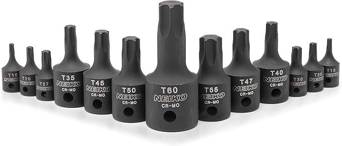 NEIKO 10281B Impact Torx Bit Socket Set, 1/4", 3/8" and 1/2" Drive, 6 Point Star Sockets, Heavy Duty Impact Grade Cr-Mo, T10 to T60 High Impact, Professional Grade Auto & Motorcycle Mechanic Socket