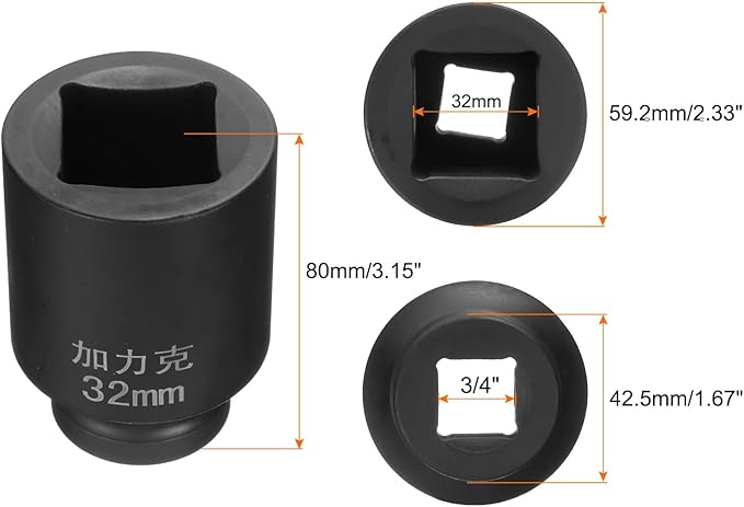 HARFINGTON 4 Point Square Socket 3/4" Drive by 32mm Metric Square Impact Socket 40CR Blackening Standard Wheel Sockets Pneumatic Socket Tool for Auto Repair Mechanical Maintenance Home Use
