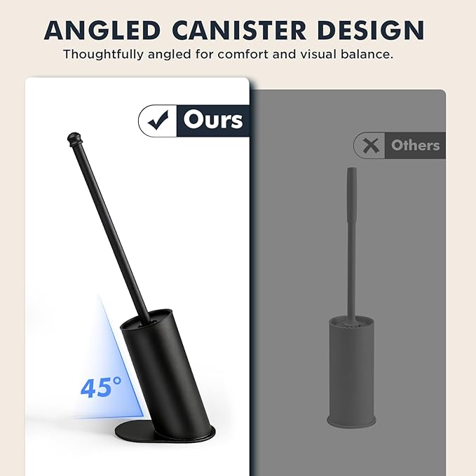 Toilet Brush and Holder Set, Stainless Steel Toilet Bowl Brush with 16.5" Long-Reach Handle, Tilted Canister with Concealed Brush Head & Anti-Splash Shield for Bathroom Cleaning, 1 Spare Head Included