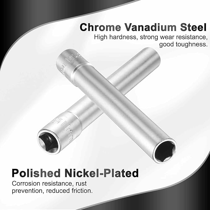 HARFINGTON 2pcs 6 Points Deep Socket 3/8" Drive 11mm Deep Metric CR-V Steel Polished Nickel Plating Flip Sleeve 120mm / 4.7" Extra Long Socket Tool for Home Auto Nuts Bolts Repair