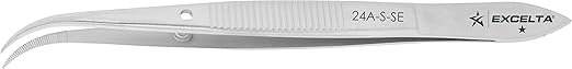 Excelta - 24A-S-SE - Tweezers - Strong Point - Curved - One Star - Anti-Mag. SS - Serrated Tips, 0.68" Height, 0.32" Wide, 4.5" Length