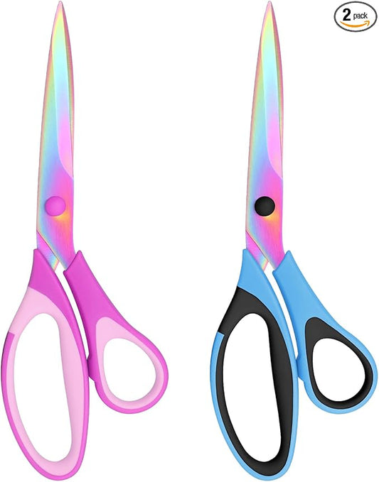 Multifunctional Scissors, 9.3 Inch Colorful Titanium Stainless Steel Blades, Soft Grips, For Home, School, Office, Sewing, Fabrics, Craft Supplies, Left or Right Handed, 2-Piece Set