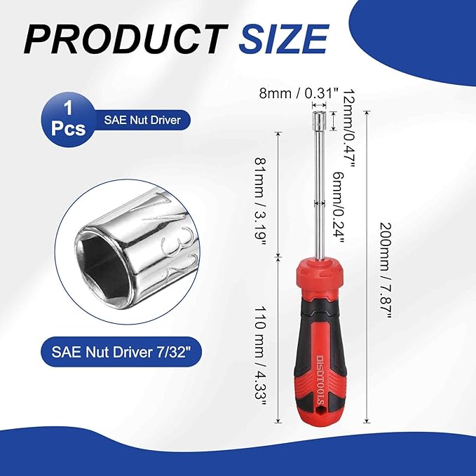 HARFINGTON SAE Nut Driver 7/32" CR-V Non-Magnetic Tip Hollow Shafts Hex Socket Screwdriver with Anti-Slip Handle for Automobile Repair Bit Driver