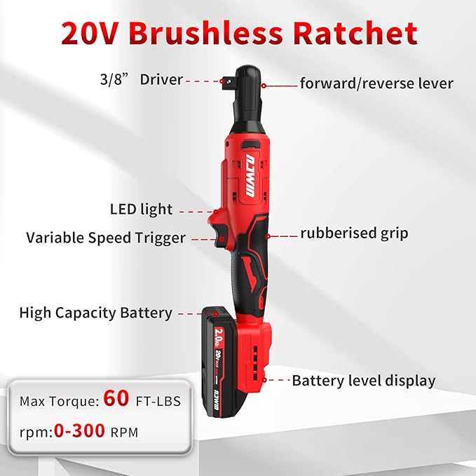 NAWIN 3/8" Cordless Ratchet Wrench, Brushless Motor, Electric 20V Ratchet with Battery and Charger, 60 Ft-lbs, Power Ratchet Tool Kit