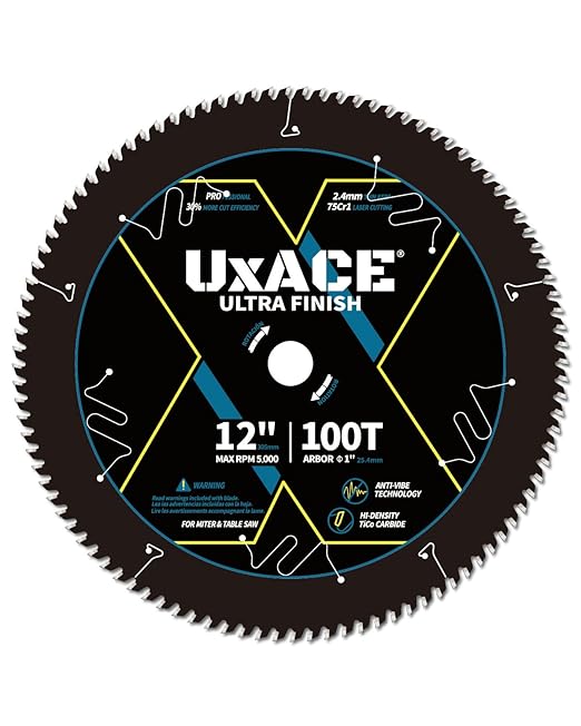 UXACE 12-Inch 100-Tooth Circular Saw Blade with 1-Inch Arbor, Ultra Finish Wood Cutting, Carbide Tip, Thin Kerf, for Plywood, MDF, OSB, Laminated