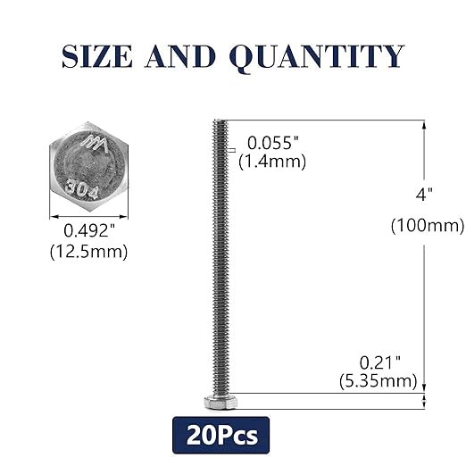 5/16-18 x 4" Hex Head Screw Bolt, 20Pcs 18-8 (304) Stainless Steel, Fully Threaded, Plain Finish, by SG TZH