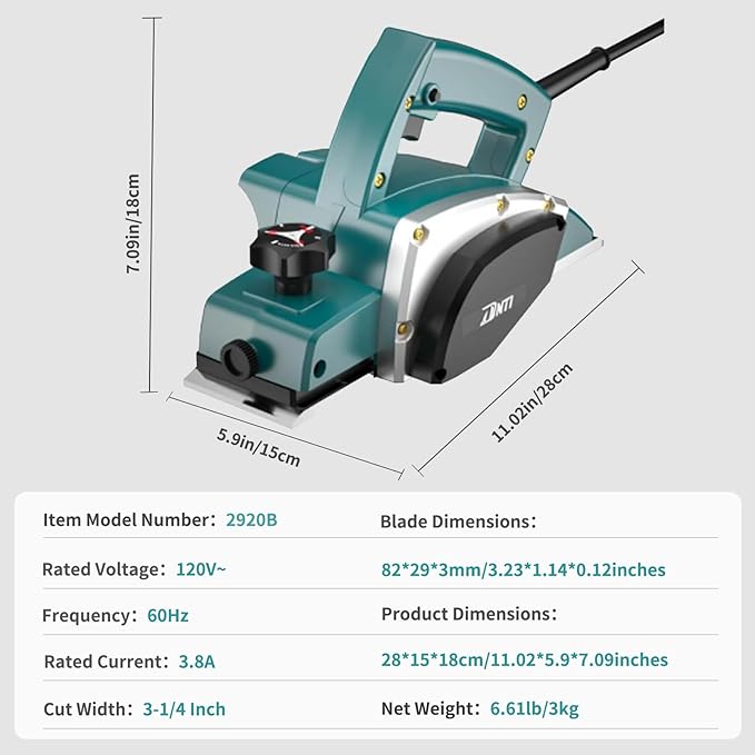 DNTI-3.8 AMP Electric Hand wood Planer depth 0-1 mm16000rpm Hand Planers Woodworking Tool 3-1/4 Inch Hand power Planer Handheld Planer for Wood Chamfer DIY model (2920B)