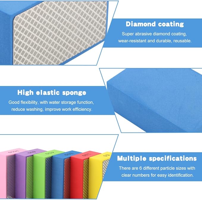 6 Pack Diamond Polishing Pads, Sanding Blocks, Tile Tools Foam Backing Diamond Sanding Pads Grit 60,100,200,400,600,1000 for Tile Glass Ceramic Wood Marble Metal