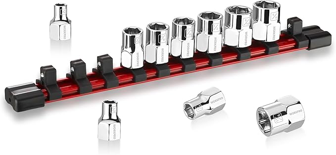 WORKPRO 3/8" Drive Socket Set, 10-Piece SAE CR-V Socket Set with Sturdy Socket Organizer, 6-Point Standard & Shallow Sockets 1/4" to 11/16", External Hex Socket Set with Socket Rail for Anti Rolling