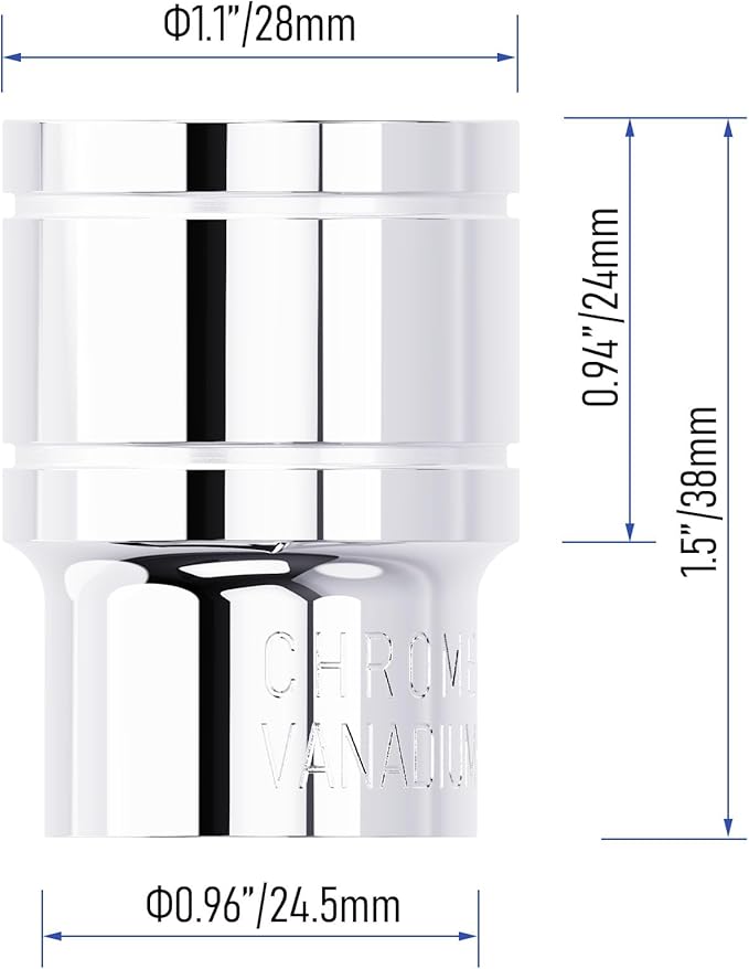 20mm Shallow Socket, 1/2 Inch Drive, 6-Point, Metric, Heat Treated CR-V Steel Short Sockets, Full Polishing, 1.5 Inch Length