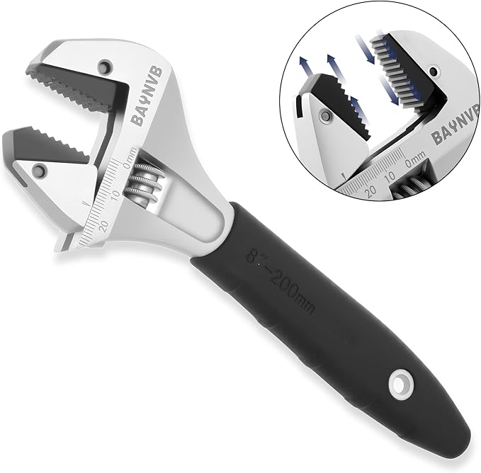 BAUNVB Adjustable Wrench 8 inch with Serrated Self-tightening Jaw, 25mm Wide Jaw Opening Wrench for Plumbing, Automotive, DIY