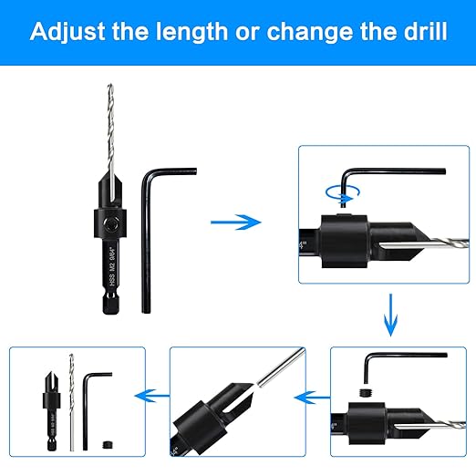 7 Pcs M2 Countersink Drill Bit Set, 3in1 Wood Pilot Countersink Drill Bits for #4#6#8#10#12 Screws Holes, with Adjustable Depth Stop,Quick Release Hex Shank, 2-Allen Wrench