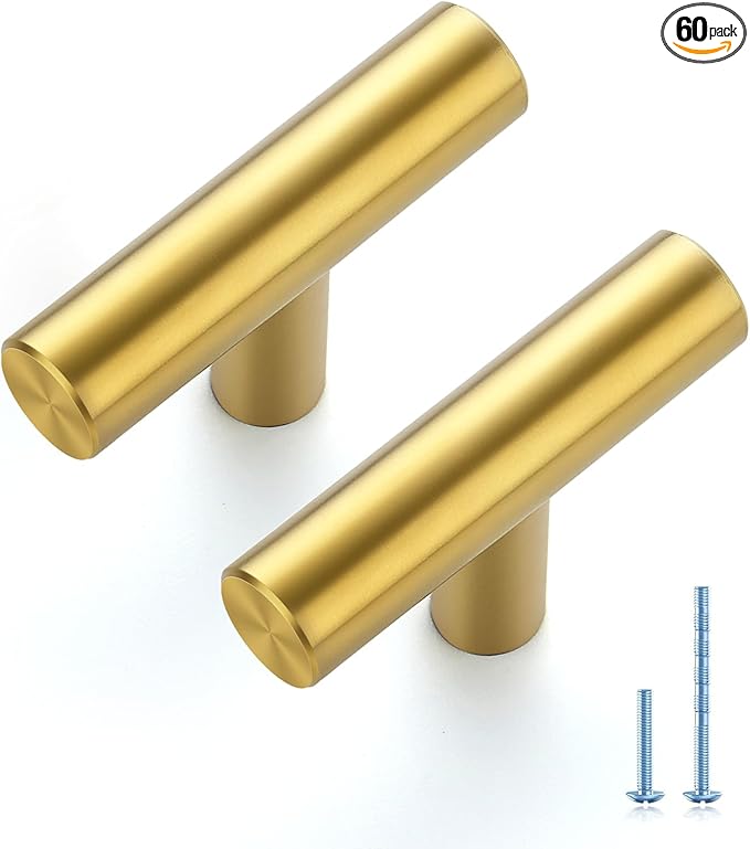 JOY DECOR 60 Pack 2 Inch Cabinet Pulls Kitchen Cabinet Handles with Single Hole Brushed Brass Cabinet Hardware Stainless Steel Kitchen Drawer Pulls for Cabinets Cupboard,Wardrobe