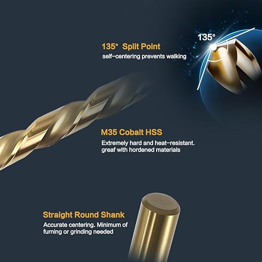 BeHappy 15Pcs Cobalt Drill Bit Set, M35 HSS, 135 Degree Tip, Twist Jobber Length for Hardened Metal, Stainless Steel, Cast Iron, Wood, and Plastics, with Index Storage Case 1/16“-3/8”