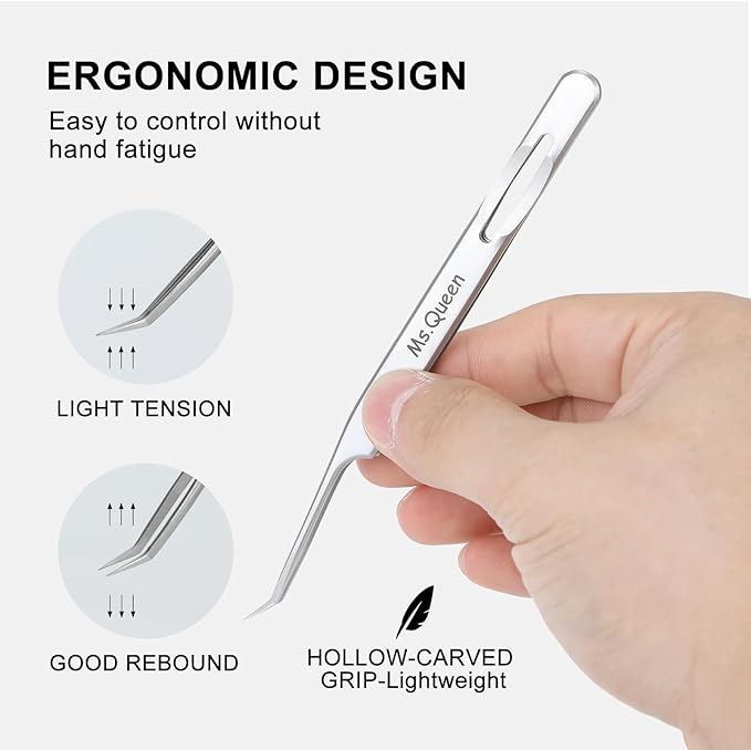 Ms.Queen Lash Tweezers for Eyelash Extensions,Professional Fine Tip 45 Degree Lash Tweezers for Volume Lash Extensions