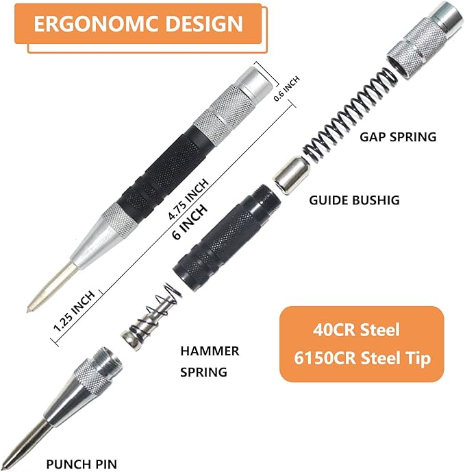 2-Piece Automatic Center Punch, 6 Inch Hardened Steel Spring Loaded Center Hole Punch with Adjustable Knurled Cap for Machinists and Carpenters
