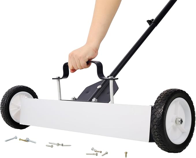 Henf Rolling Magnetic Sweeper, Heavy Duty Magnet Roller Magnetic Pickup Sweeper with Wheels, Quick Release Latch and Adjustable Long Handle for Nails Needles Screws Collection (24 Inch-1)
