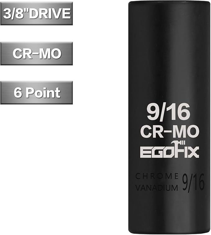 3/8" Drive Deep Impact Socket, 9/16 Inch SAE Socket, CR-MO 6 Point for Easy Removal of Axle Nut