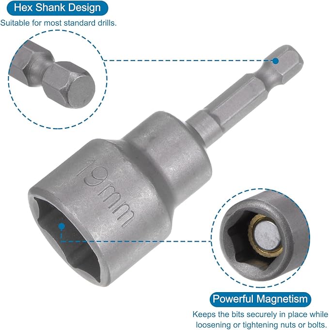 uxcell 19mm Magnetic Hex Socket 64mm/2.52", 1/4" Hex Shank Magnetic Power Nut Driver Set CR-V Quick-Release Extensions for Impact Drill Nut Setters Socket Wrench Screw, 2 Pcs