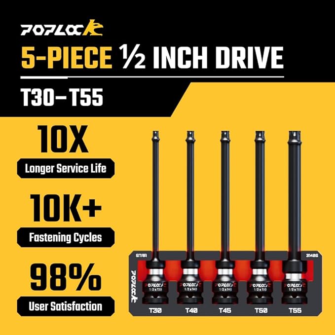 Poplock Impact Driver Set | 5-Piece 쩍 inch Drive Star Bit Set | 150mm Long Impact Driver Bit Set with 6-Lobed Allen Tips for Torx Fasteners T30 T40 T45 T50 T55