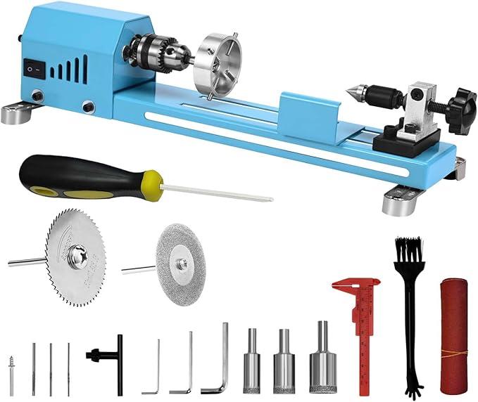 Mini Lathe Wood Lathe Machine Multi-Purpose Type Lathe Milling Cutting Grinding Polishing Professional Table Top Lathe Tool Kit