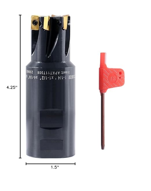 Accusize Industrial Tools 1-1/4'' 90 Deg Square Shoulder Indexable End Mill, 4-1/4'' Overall Length, APKT11T3 Carbide Inserts, 6 Flute, 0056-0923